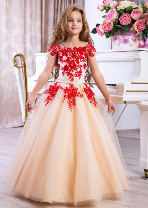 Short Sleeves Red Lace Beige Tulle Keyhole Back Flower Girl Dress